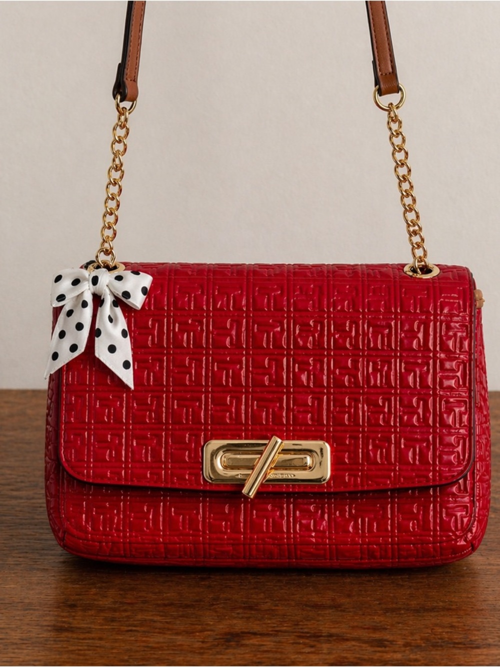 Tommy Hilfiger Red Monogram Crossbody Bag Gold Chain Shoulder Purse